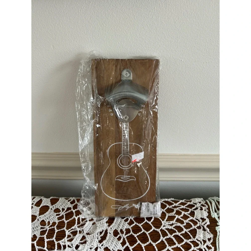NWT Dolly Parton Wood Wall Mounted Bottle Opener Acoustic Guitar Butterfly Logo